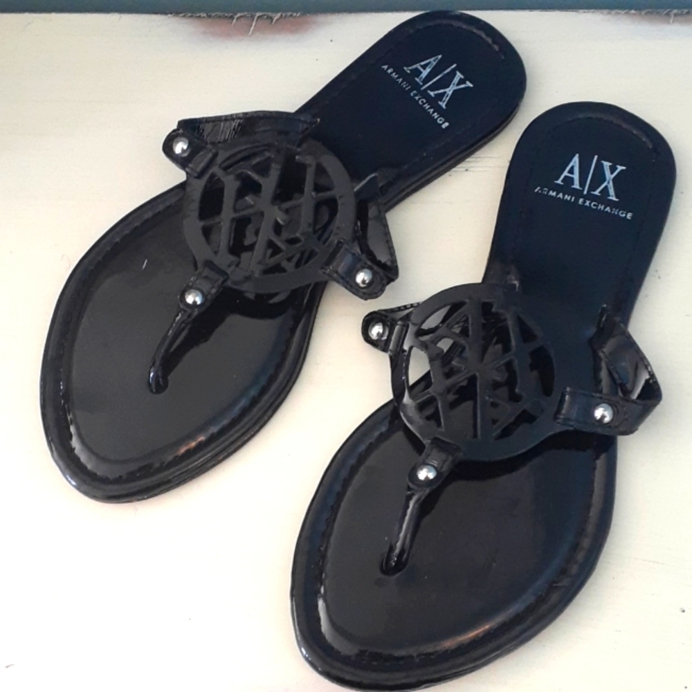 & A/X Armani Exchange black patent leather Thong Sandals